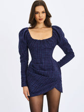 Load image into Gallery viewer, Denise Navy Tweed Ruched Puff Sleeve Mini Dress
