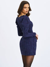 Load image into Gallery viewer, Denise Navy Tweed Ruched Puff Sleeve Mini Dress
