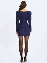 Load image into Gallery viewer, Denise Navy Tweed Ruched Puff Sleeve Mini Dress
