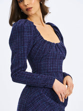 Load image into Gallery viewer, Denise Navy Tweed Ruched Puff Sleeve Mini Dress
