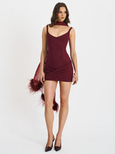 Load image into Gallery viewer, Tori Wine Red Pleated Mini Dress with Chiffon Scarf
