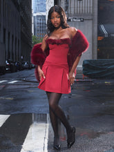 Load image into Gallery viewer, Nalia Crimson Fur Trimmed Sweetheart Mini Dress
