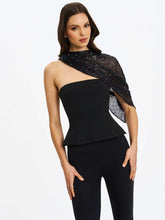 Load image into Gallery viewer, Quinette Black Peplum Top with Beaded Asymmetrical Cape

