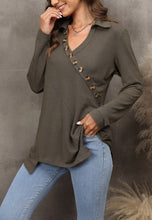Load image into Gallery viewer, Contrast Button Asymmetrical Hem Sweater

