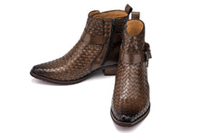 Load image into Gallery viewer, CALTO - K30525 - 3.3 Inches Taller (Coffee Brown) - Woven High-Top Buckle Zipper Ankle Boots
