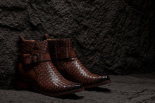 Load image into Gallery viewer, CALTO - K30525 - 3.3 Inches Taller (Coffee Brown) - Woven High-Top Buckle Zipper Ankle Boots
