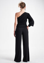 Load image into Gallery viewer, Black Knit 2-Piece Set With An Asymmetrical One-Sleeve Blouse And Palazzo Pants

