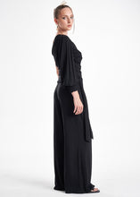 Load image into Gallery viewer, Black Knit 2-Piece Set With An Asymmetrical One-Sleeve Blouse And Palazzo Pants
