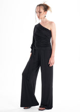 Load image into Gallery viewer, Black Knit 2-Piece Set With An Asymmetrical One-Sleeve Blouse And Palazzo Pants
