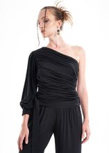 Load image into Gallery viewer, Black Knit 2-Piece Set With An Asymmetrical One-Sleeve Blouse And Palazzo Pants
