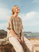 Load image into Gallery viewer, 100% Linen Plaid Drop Shoulder Side Slit Top LORNA

