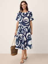 Load image into Gallery viewer, Linen Abstract-Print Pleated-Waist Midi Dress PRIYA
