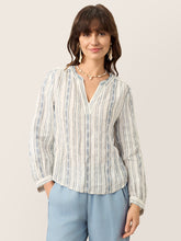 Load image into Gallery viewer, Linen Tribal Stripe Split Neck Bohemian Blouse KERENZA
