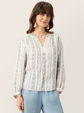Load image into Gallery viewer, Linen Tribal Stripe Split Neck Bohemian Blouse KERENZA
