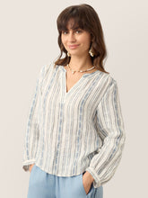 Load image into Gallery viewer, Linen Tribal Stripe Split Neck Bohemian Blouse KERENZA
