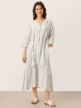 Load image into Gallery viewer, Linen Tribal Stripe Split Neck Bohemian Ruffle Maxi Dress with Woven Belt and Slip MARLOWE

