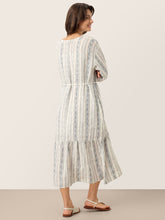 Load image into Gallery viewer, Linen Tribal Stripe Split Neck Bohemian Ruffle Maxi Dress with Woven Belt and Slip MARLOWE
