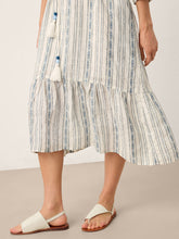 Load image into Gallery viewer, Linen Tribal Stripe Split Neck Bohemian Ruffle Maxi Dress with Woven Belt and Slip MARLOWE
