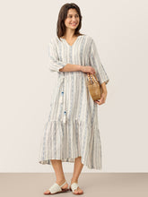 Load image into Gallery viewer, Linen Tribal Stripe Split Neck Bohemian Ruffle Maxi Dress with Woven Belt and Slip MARLOWE
