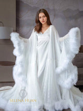 Load image into Gallery viewer, Luxury thick turkey feather fringe long bridal robe set with night gown
