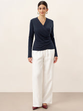 Load image into Gallery viewer, Wool Lyocell Asymmetric Ruched Overlap V-Neck Top TILLY
