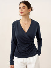 Load image into Gallery viewer, Wool Lyocell Asymmetric Ruched Overlap V-Neck Top TILLY
