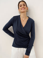Load image into Gallery viewer, Wool Lyocell Asymmetric Ruched Overlap V-Neck Top TILLY
