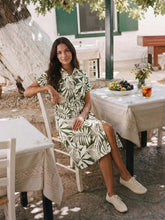 Load image into Gallery viewer, Linen Palm Print Drawstring Waist Cuffed Sleeve Midi Shirt Dress AURELIA
