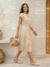 Load image into Gallery viewer, 100% Linen Lace-Inset Bubble-Hem Midi Dress LORITA
