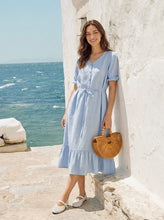 Load image into Gallery viewer, 100% Linen Ruffle-Trim Belted Midi Dress LIVARA

