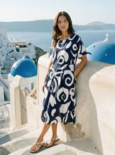 Load image into Gallery viewer, Linen Abstract-Print Pleated-Waist Midi Dress PRIYA
