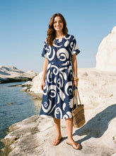 Load image into Gallery viewer, Linen Abstract-Print Pleated-Waist Midi Dress PRIYA
