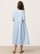 Load image into Gallery viewer, 100% Linen Crescent Neck Decorative Button Waist Pleated Maxi Dress GWENYTH
