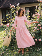 Load image into Gallery viewer, 100% Linen Crescent Neck Decorative Button Waist Pleated Maxi Dress GWENYTH
