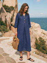 Load image into Gallery viewer, 100% Linen Notch Neck Inverted Pleat Maxi Dress MATILDE
