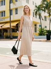 Load image into Gallery viewer, 100% Linen Ruffle Trim Elasticated Waist Sleeveless Midi Dress LUCINDA
