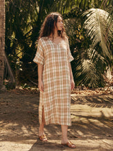 Load image into Gallery viewer, 100% Linen Plaid Deep V-Neck Drop Shoulder Side Slit Maxi Dress LESLIE
