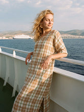 Load image into Gallery viewer, 100% Linen Plaid Deep V-Neck Drop Shoulder Side Slit Maxi Dress LESLIE
