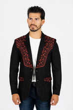 Load image into Gallery viewer, Men's Black/Burgundy Embroidered Faux-Suede Blazer
