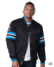 Load image into Gallery viewer, Men’s Starter Black Carolina Panthers Scout Full-Snap Varsity Jacket
