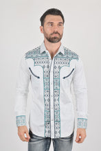 Load image into Gallery viewer, Mens Modern Fit Stretch Multi-Color Aztec Embroidery Shirt
