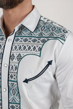 Load image into Gallery viewer, Mens Modern Fit Stretch Multi-Color Aztec Embroidery Shirt
