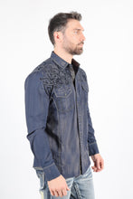 Load image into Gallery viewer, Mens Vintage Washed 2-tone Embroidery Modern Fit Stretch Shirt
