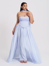Load image into Gallery viewer, Qianna Baby Blue Peplum Top Drop Waist Chiffon Gown
