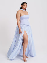 Load image into Gallery viewer, Qianna Baby Blue Peplum Top Drop Waist Chiffon Gown
