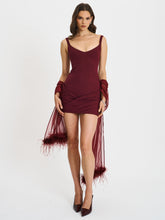 Load image into Gallery viewer, Tori Wine Red Pleated Mini Dress with Chiffon Scarf
