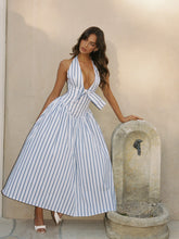 Load image into Gallery viewer, Mackenna Navy Stripe Halter Smock Back Maxi Dress
