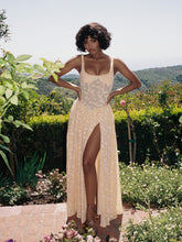 Load image into Gallery viewer, Ulissa Orange Square Neck Jacquard Textured High Slit Maxi Dress
