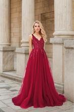 Load image into Gallery viewer, Mysteria - Ruby red deep V-neck lace soft tulle prom dress colored wedding dress
