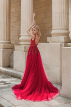 Load image into Gallery viewer, Mysteria - Ruby red deep V-neck lace soft tulle prom dress colored wedding dress
